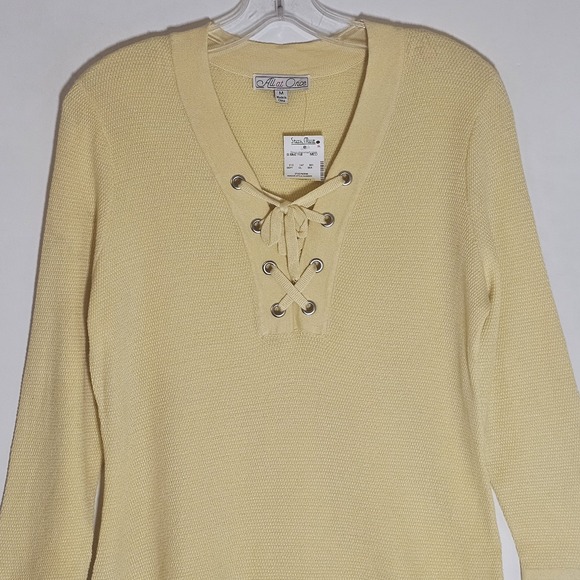 All at Once Sweater Womens Medium Yellow Waffle Knit Lace Up Tie Neck Tunic Top - Picture 2 of 15